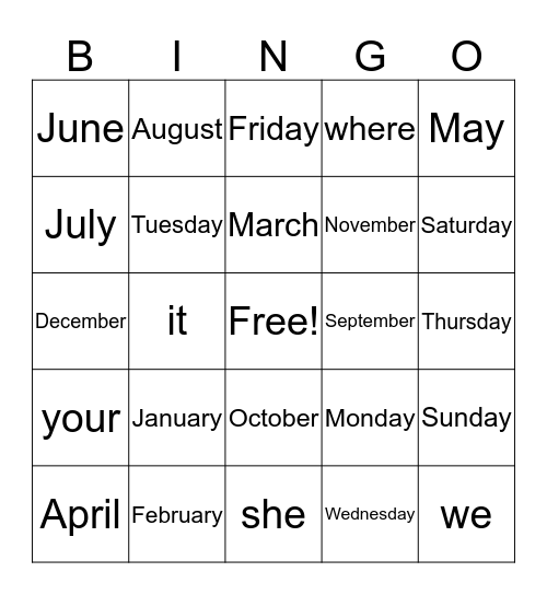 Site Word Bingo Month/Day Bingo Card