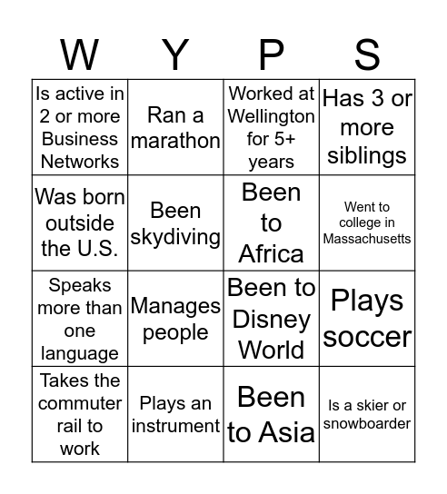 Human Bingo: WYPs Outside the Workplace Bingo Card
