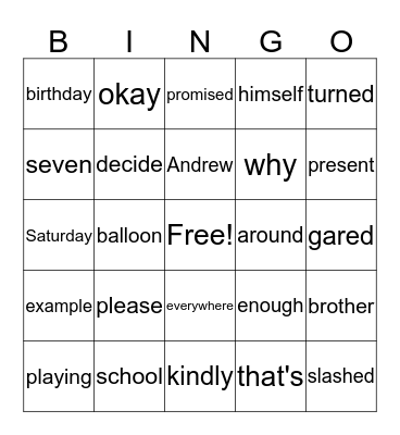 Tag-Along Tim Bingo Card