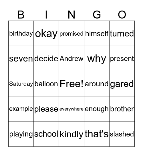 Tag-Along Tim Bingo Card