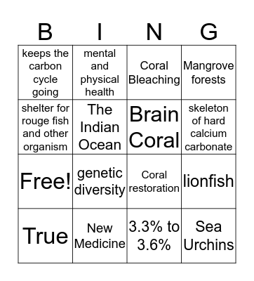 Coral Reef Bingo  Bingo Card