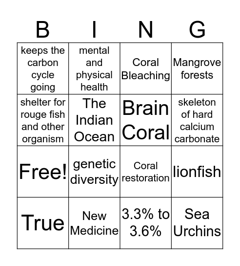 Coral Reef Bingo  Bingo Card