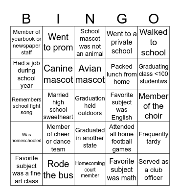 High School Memories Bingo Card