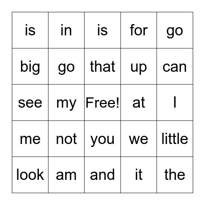 Sight Words Bingo Card