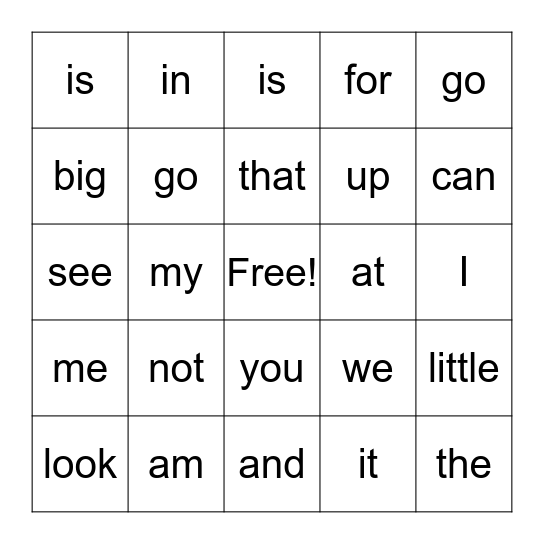 Sight Words Bingo Card