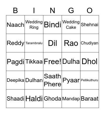 Deepika's Bridal Shower Bingo Card