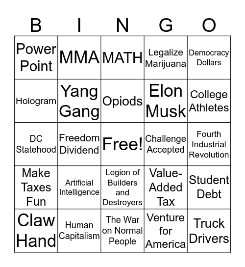 Yang Gang Bingo Card