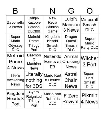 Nintendo Switch E3 2019 Bingo Card
