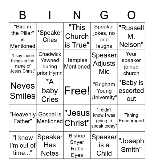 Testimony BINGO Card