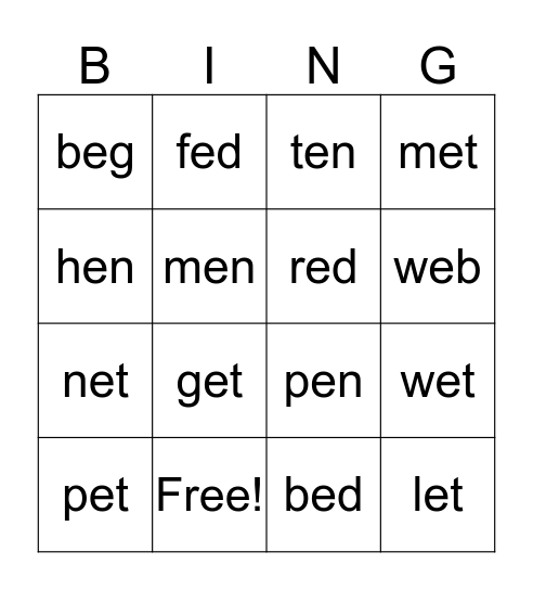 SHORT E CVC BINGO! Bingo Card