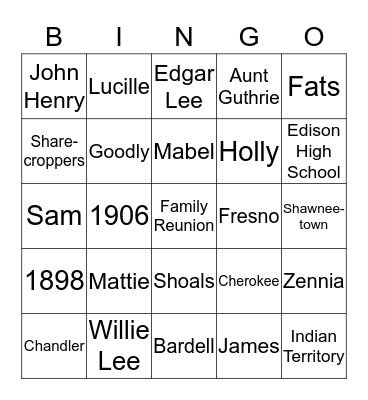 Nunley-Rosemond Family Bingo Card