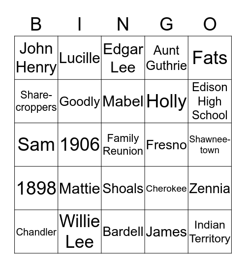 Nunley-Rosemond Family Bingo Card