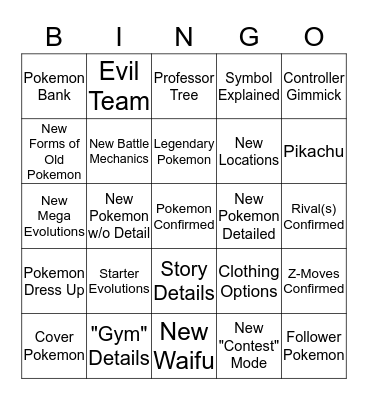 Pokemon Direct Bingo Card