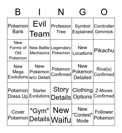 Pokemon Direct Bingo Card