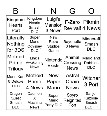 Nintendo E3 2019 Bingo Card