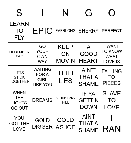 370 ARTISTS STARTING WITH THE LETTER F Bingo Card