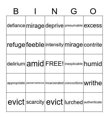 Holes Vocabulary Bingo Card