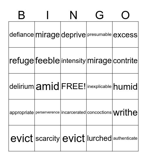 Holes Vocabulary Bingo Card