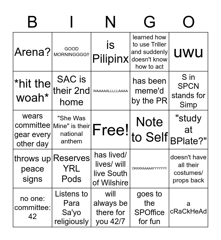 SPCN 42 BINGO Card