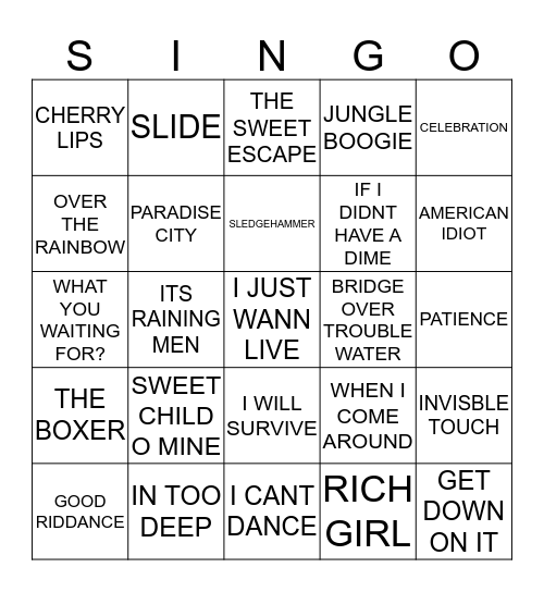 371 ARTISTS STARTING WITH THE LETTER G Bingo Card