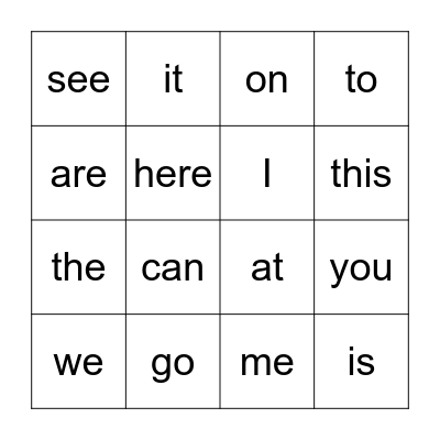 sight words BINGO Card