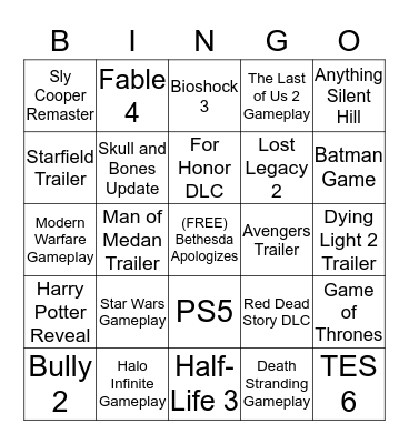 E3 2019 Bingo Card