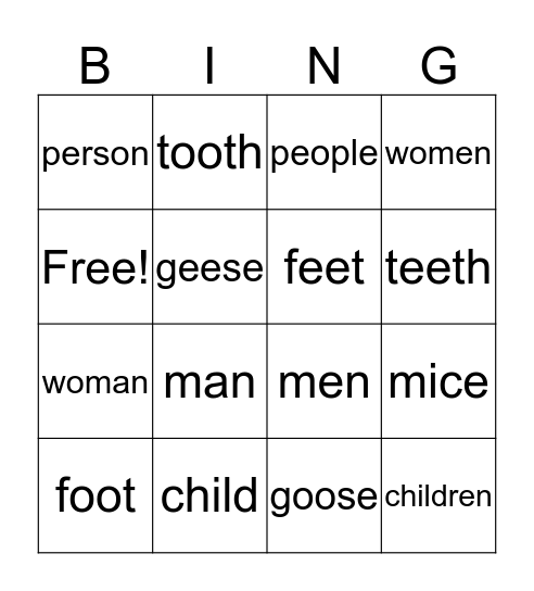 Irregular Plurals Bingo Card
