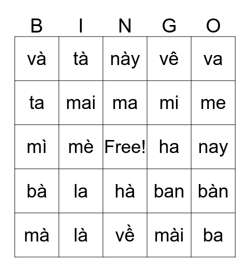 phân biệt dấu huyền và không dấu Bingo Card