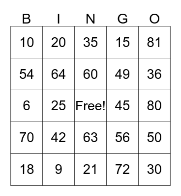 Multiplication Bingo Card