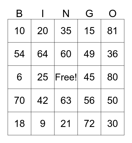 Multiplication Bingo Card
