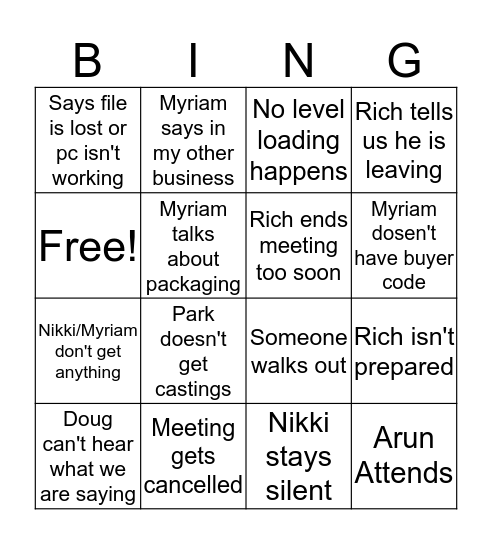 Sourcing Meeting Bingo Card