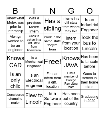 Molex 2019 Bingo Card
