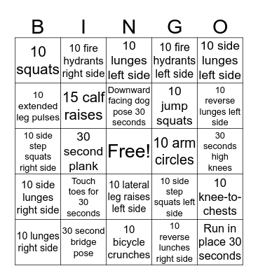 Fitness Bingo Card