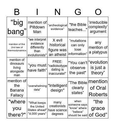Bill Nye vs Ken Ham Bingo Card