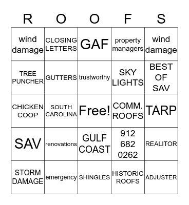 SAVANNAH R00FS LLC Bingo Card