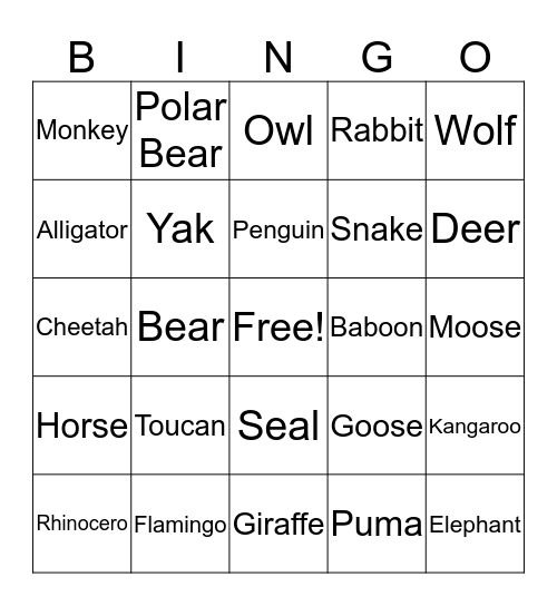 Animal Bingo Card