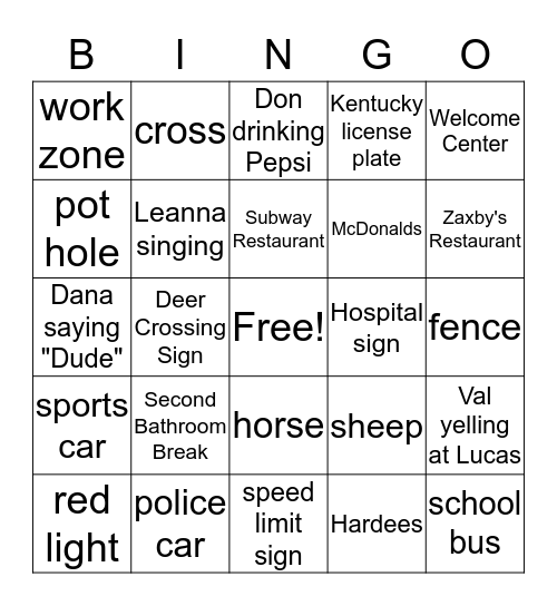 Road Trip Bingo Card