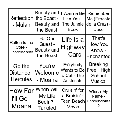 Disney Music Bingo! Bingo Card