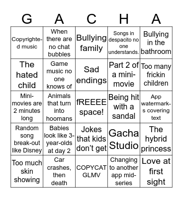 Annoying Gacha Things Bingo Card