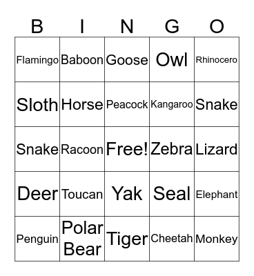 Animal Bingo Card