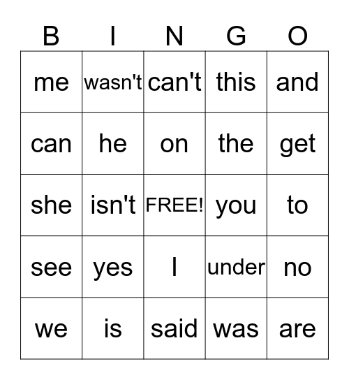 Sight Word Bing Bingo Card