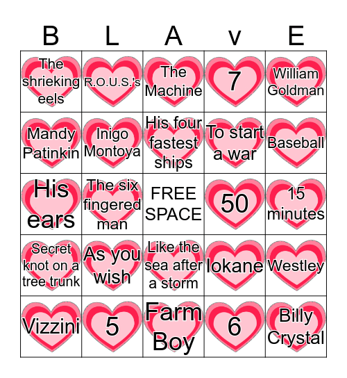 NCMA Princess Bride Bingo Card