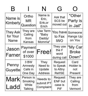 FOC CALL BINGO Card