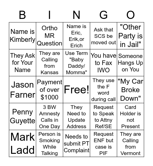 FOC CALL BINGO Card