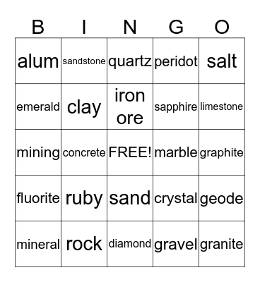 Earth Materials Bingo Card