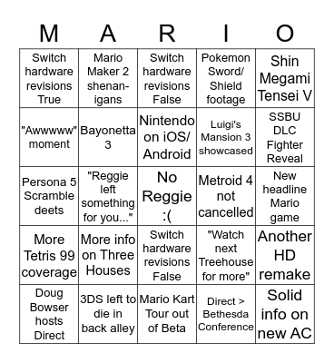 Nintendo Direct 2019 Bingo Card