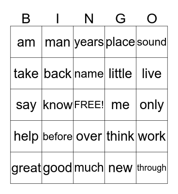 rows 1 and 2 Bingo Card
