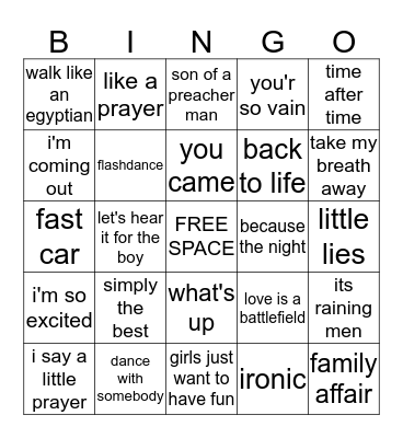 music bingo LET'S HEAR IT FOR THE GIRLS Bingo Card
