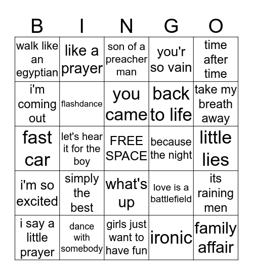 music bingo LET'S HEAR IT FOR THE GIRLS Bingo Card