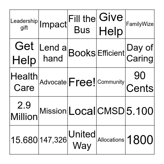 UNITED WAY BINGO Card